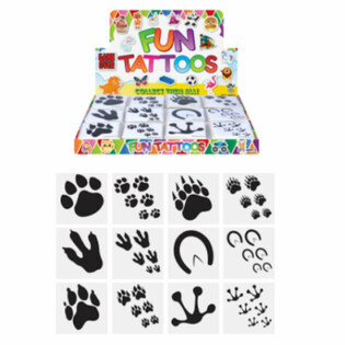 趣味纹身贴纸 - 动物脚印图案，每包12张，展示盒装 (48包)
